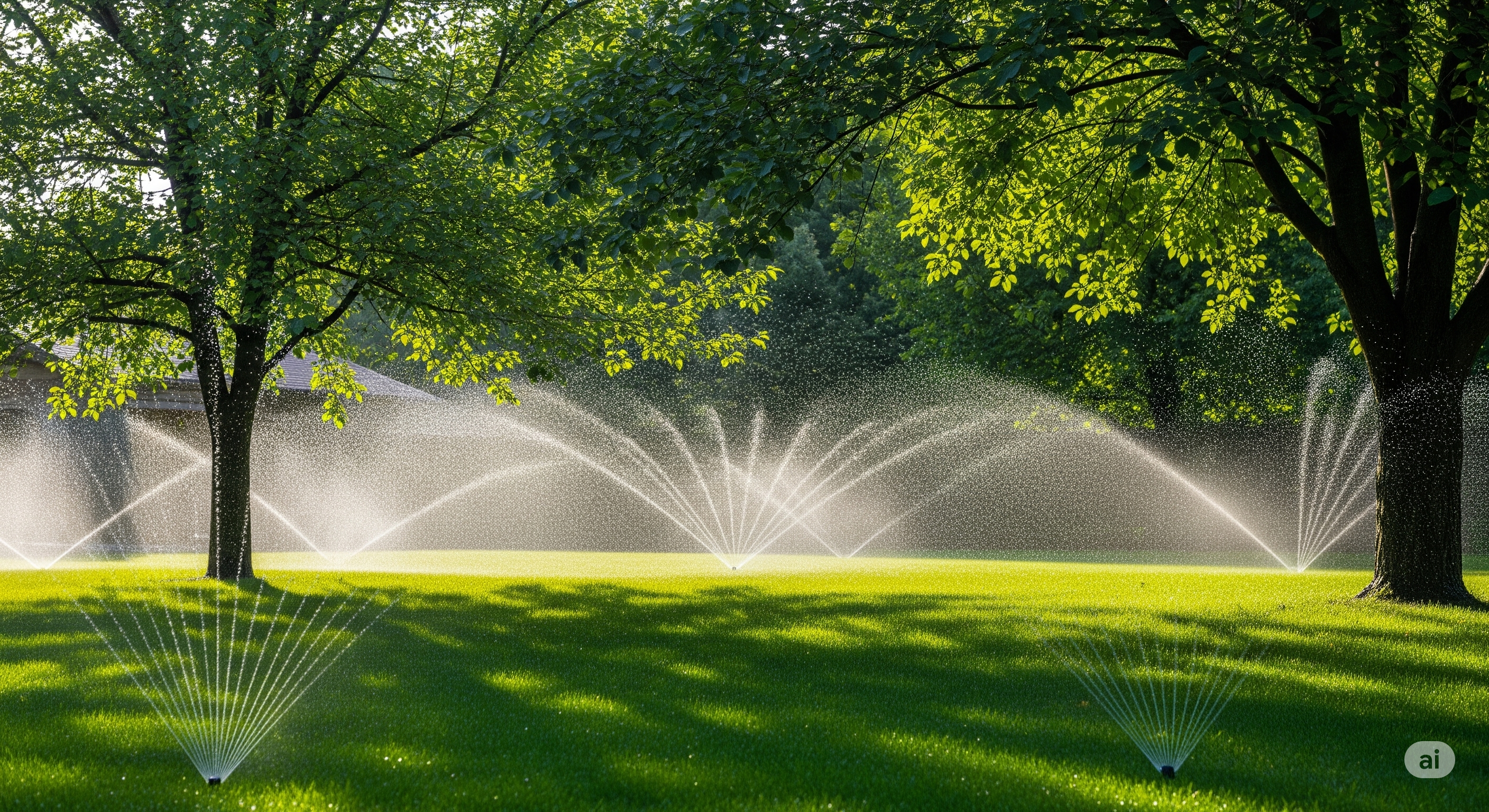 Lush green lawn with an active sprinkler system